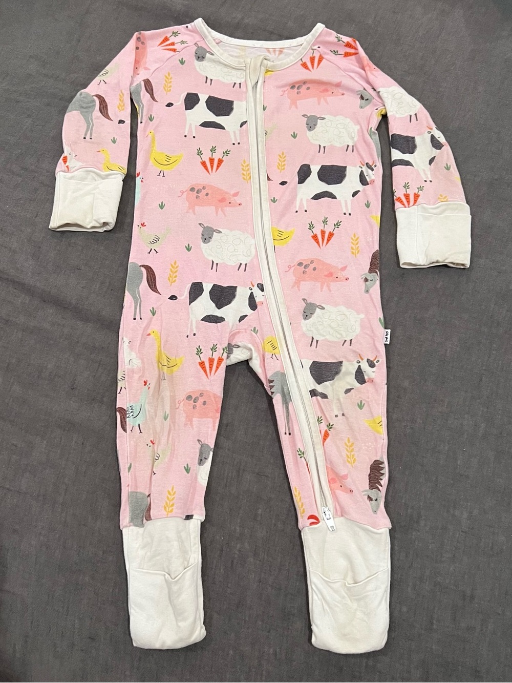 Little Sleepies Pink Farm Animals Bamboo Zippy 12-18M Convertible Footie